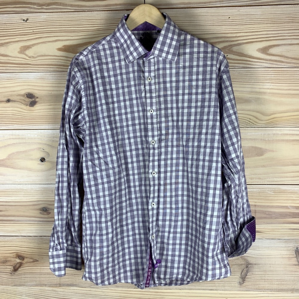 English Laundry Button Down Mens 16.5 34/35 Purple Plaid Cotton Dress Shirt
